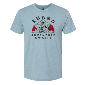 Blue “Adventure Awaits” Idaho T-Shirt – Soft Unisex Tee by Be Idaho Clothing