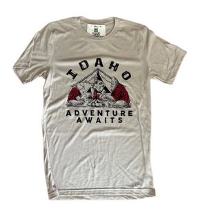 Tan “Camping Sasquatch” Idaho Tee – Outdoor Graphic T-Shirt